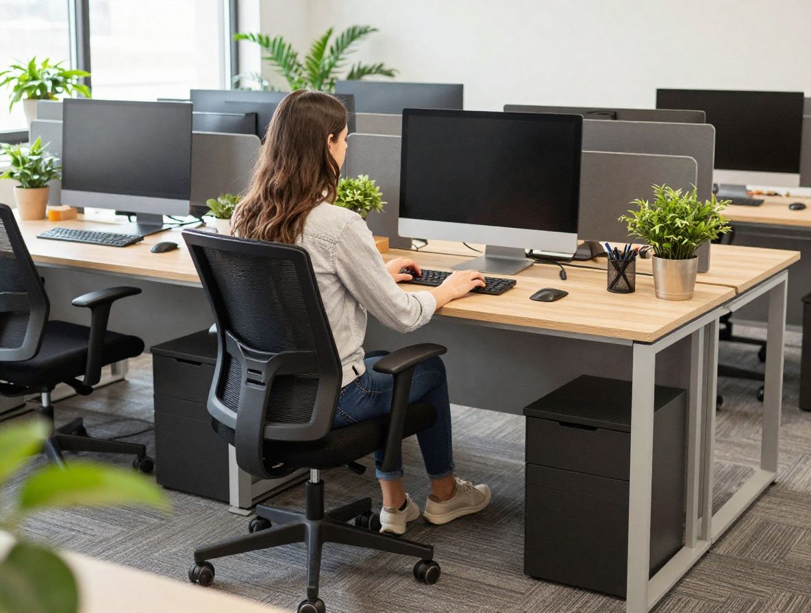 Ergonomik koltuklu, bitkilerle süslenmiş düzenli bir ev ofisi çalışma alanı, doğal aydınlatma