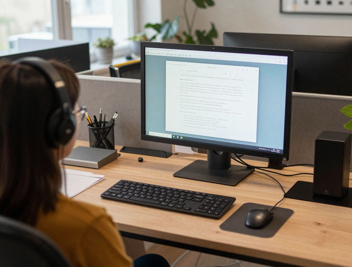 Güneşli balkonlu home-office çalışma ortamı, monitör, klavye ve yeşillik görünen modern bir çalışma alanı